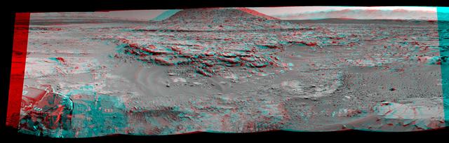 NASA Curiosity Mars rover used its Navigation Camera Navcam on April 11, 2014, to record this stereo scene of a butte called Mount Remarkable and surrounding outcrops. You need 3-D glasses to view this image.