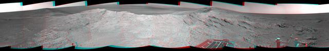 NASA Mars Exploration Rover captured this stereo, 360-degree view near the ridgeline of Endeavour Crater western rim. The center is southeastward. You need 3D glasses to view this image.