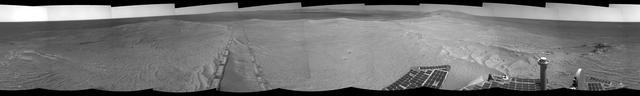 The component images for this 360-degree panorama were taken by NASA Mars Exploration Rover Opportunity after the rover drove about 97 feet southeastward on April 22, 2014. The location is on the western rim of Endeavour Crater.