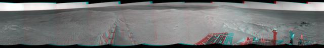Component images for this stereo, 360-degree scene were taken byNASA Mars Exploration Rover Opportunity after a drive of about 97 feet southeastward on April 22, 2014. You need 3D glasses to view this image.