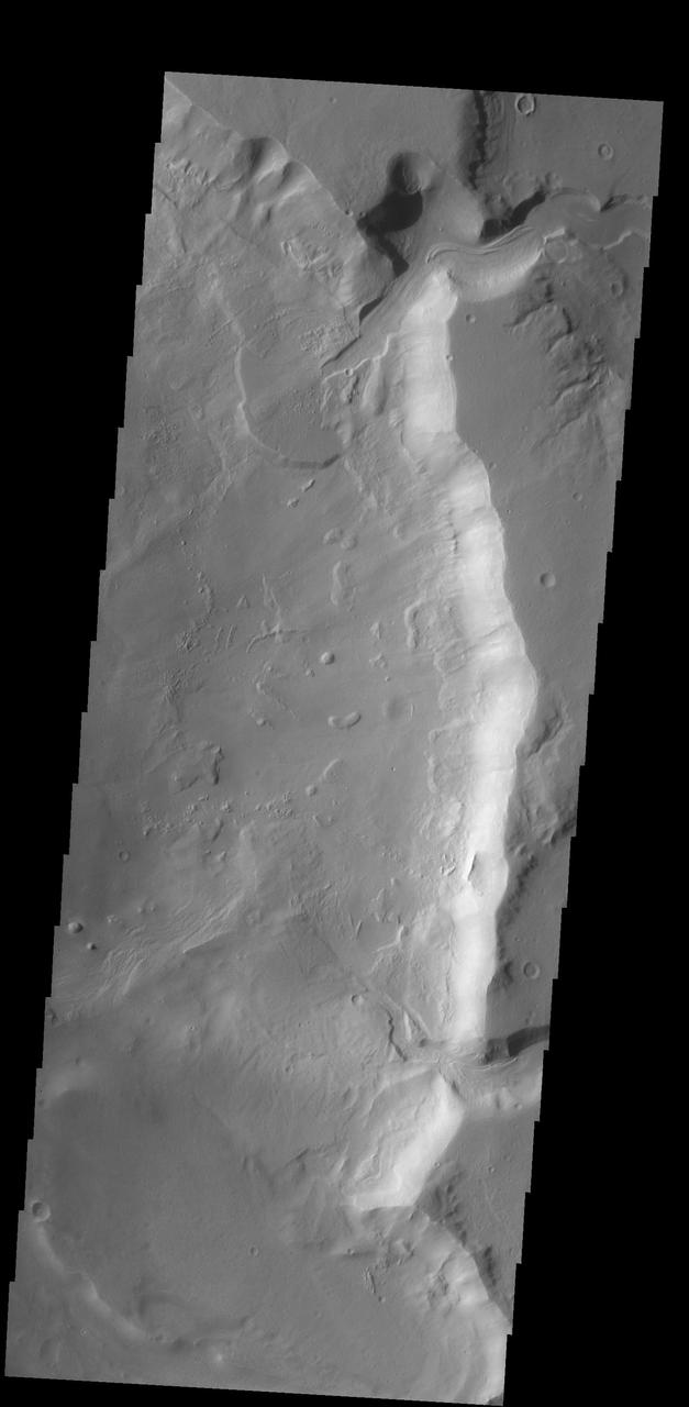 A delta deposit is located where a channel enters Ismenius Cavus in this image captured by NASA 2001 Mars Odyssey spacecraft.