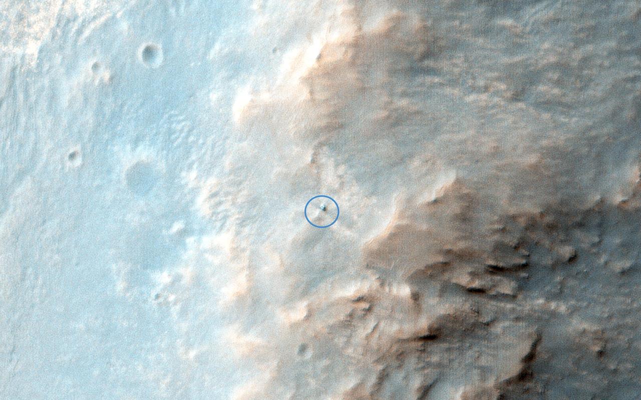 This is the latest image of NASA Opportunity rover at Solander Point, where it spend a few week investigation Pinnacle rock the jelly donut that was flipper over by the rover wheel. This observation is from NASA Mars Reconnaissance Orbiter.