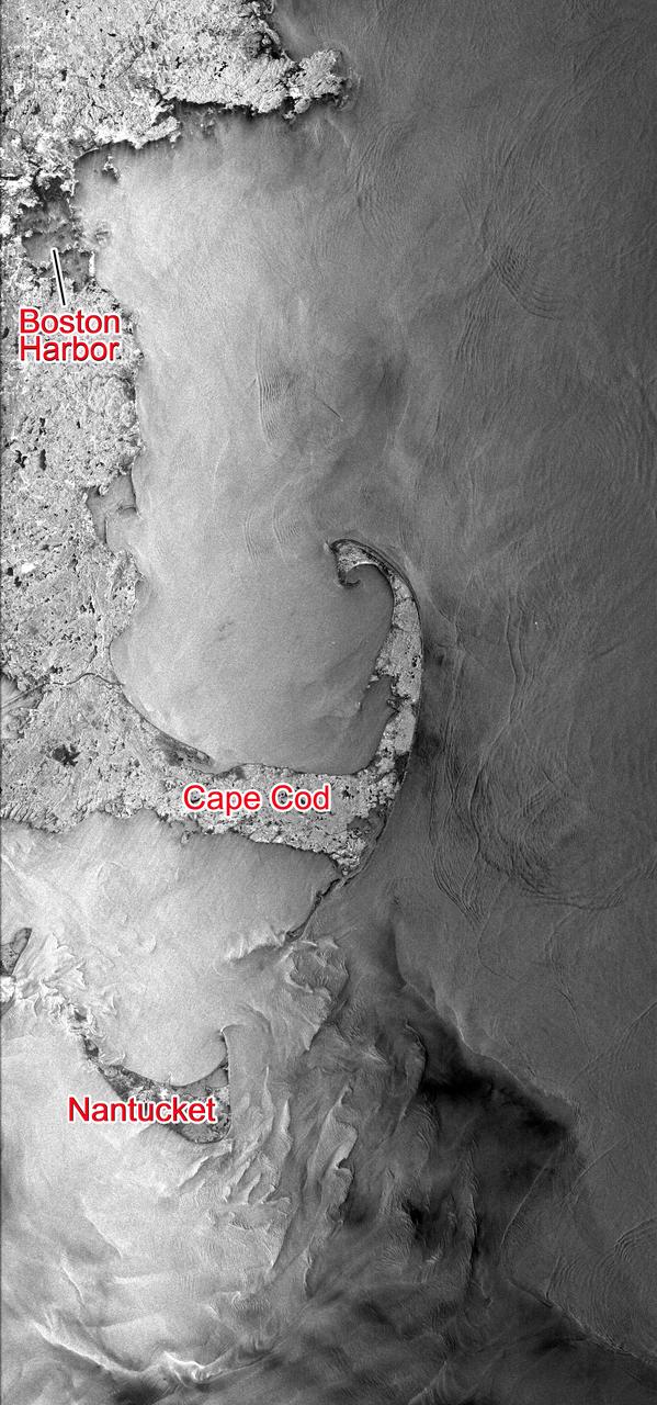 This Seasat synthetic aperture radar image from Aug. 27, 1978, shows the Massachusetts coast from Nantucket Island in the south past Cape Cod and Boston to Cape Ann in the north.