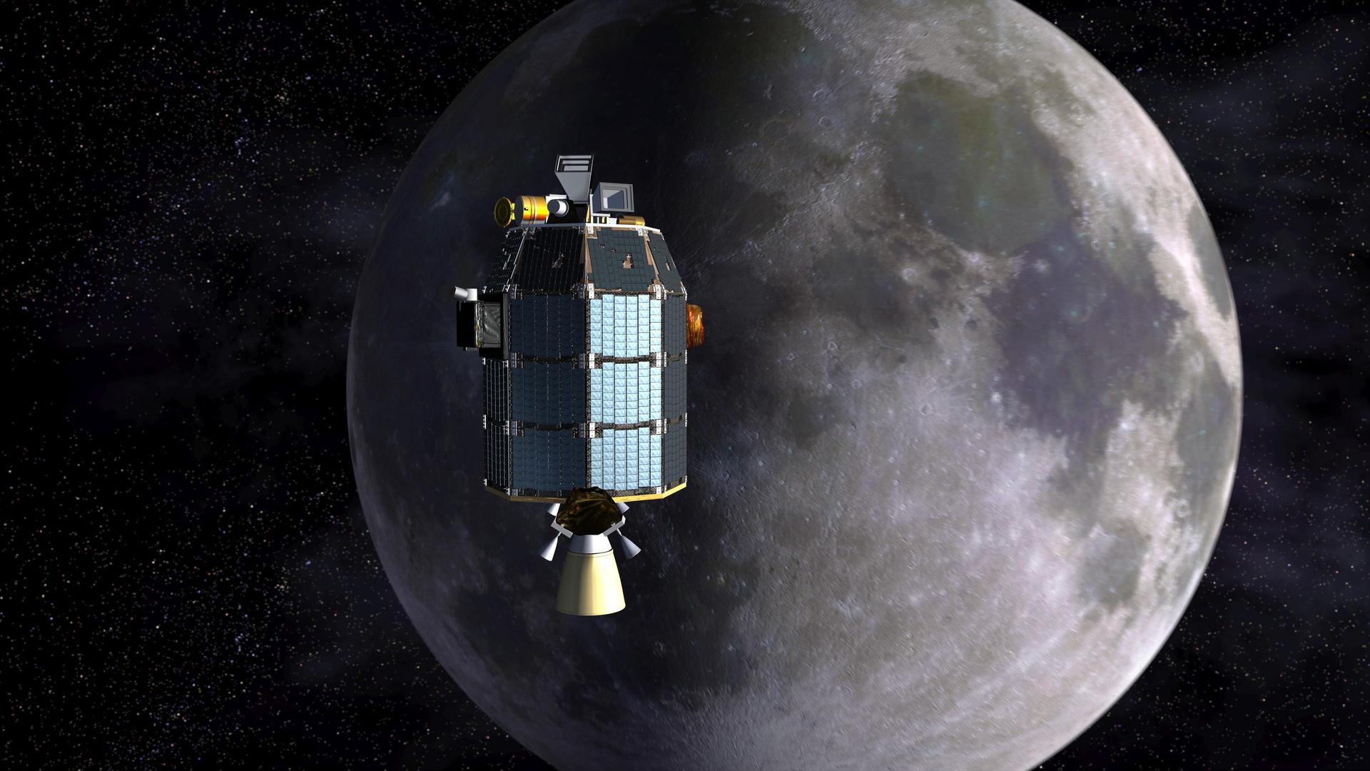 This is an artist depiction of NASA Lunar Atmosphere and Dust Environment Explorer LADEE observatory as it approaches lunar orbit.