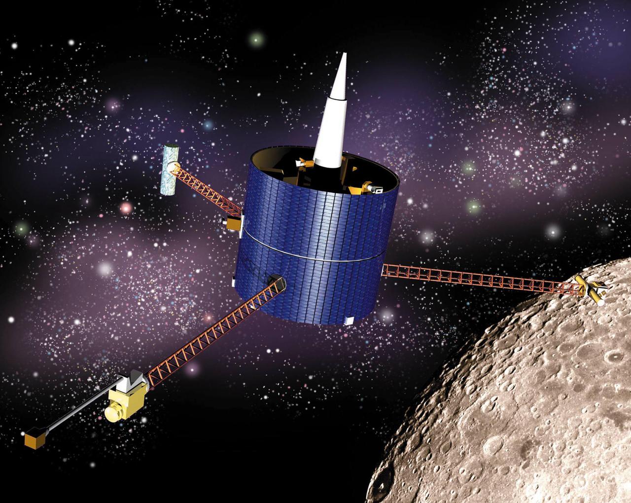 This artist concept of the Lunar Prospector shows the spacecraft in lunar orbit. Instrument masts are fully deployed.  http://photojournal.jpl.nasa.gov/catalog/PIA18162