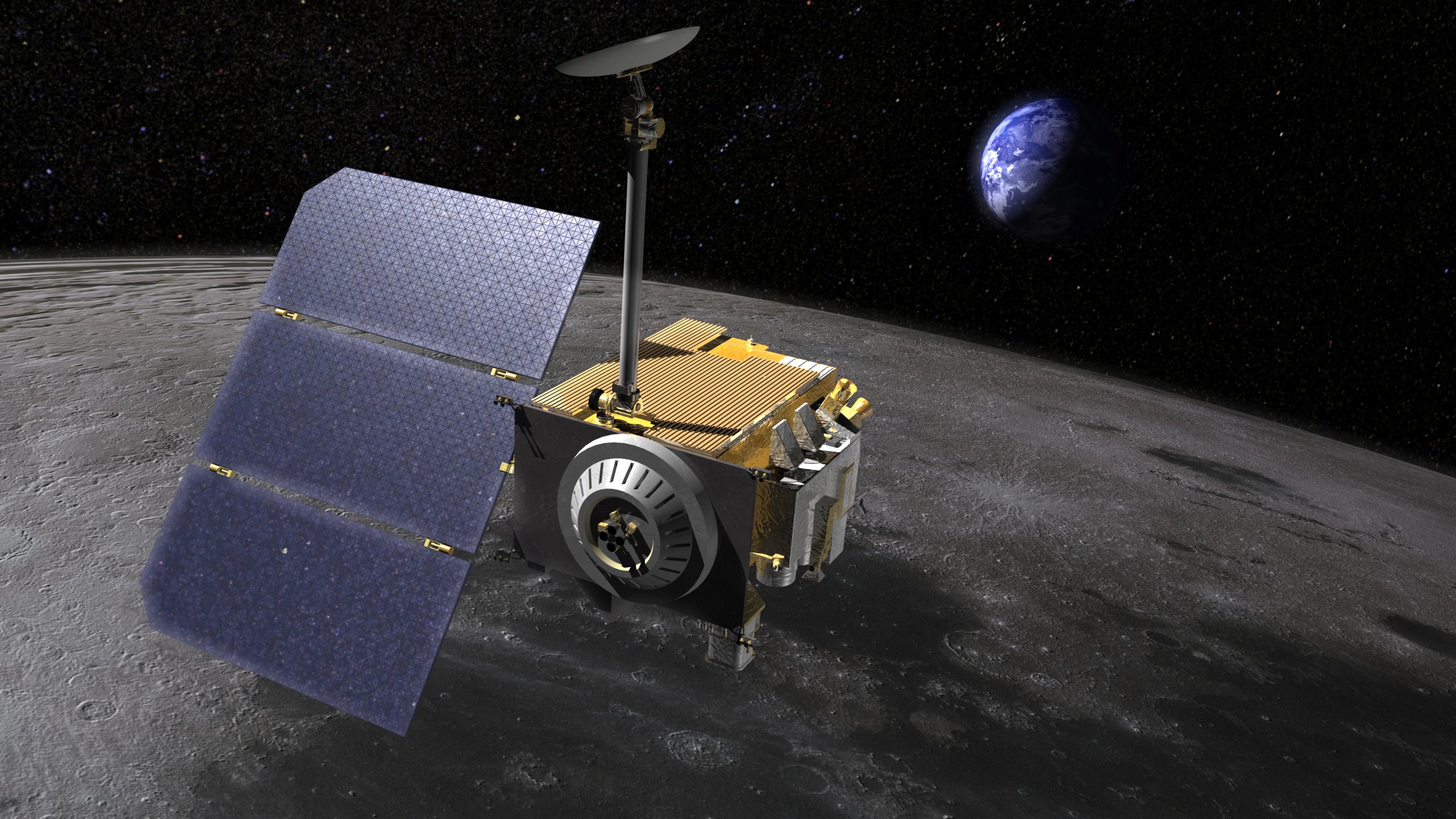 Artist rendering of the Lunar Reconnaissance Orbiter LRO, above the moon.