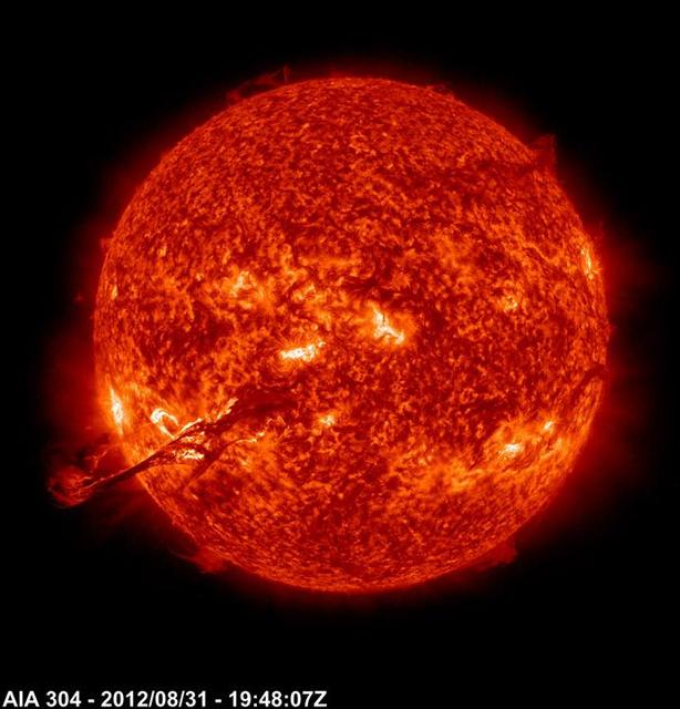 Sparked by a medium-sized (C-class) flare, a long, magnetic filament burst out from the Sun, producing one of the best shows that the Solar Dynamics Observatory (SDO) has seen (Aug. 31, 2012). Viewed in the 304 Angstrom wavelength of extreme ultraviolet light, the filament strand gets stretched outwards until it finally breaks and heads off to the left. Some of the particles from this eruption did hit Earth with a glancing blow on Sept. 3, generating some beautiful aurora. The video clip covers four hours of activity.   http://photojournal.jpl.nasa.gov/catalog/PIA18167