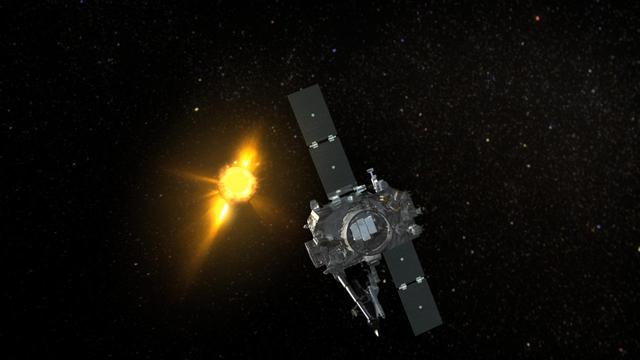 Artist concept of NASA STEREO-A Spacecraft Observing a very active Sun.