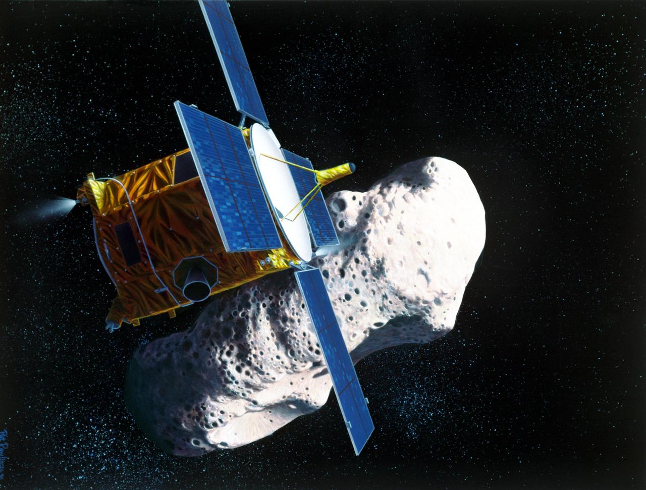 Artist rendering of the the Near Earth Asteroid Rendezvous NEAR spacecraft rendezvous with the asteroid Eros.