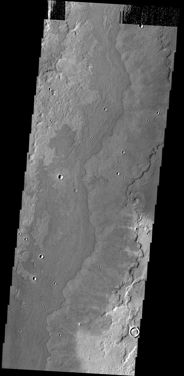 The lava flows in this image captured by NASA 2001 Mars Odyssey spacecraft are located SE of Adams Crater.