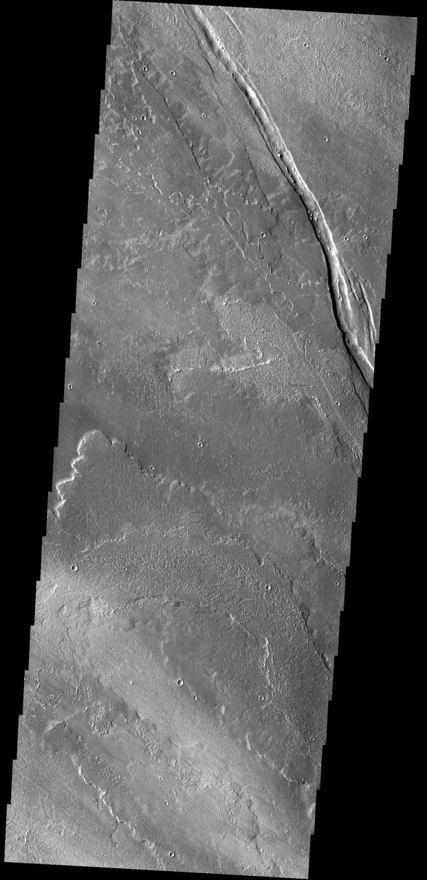 The graben in this image from NASA 2001 Mars Odyssey spacecraft is Cyane Fossae. The lava flows are part of the extensive Tharsis volcanic flows.