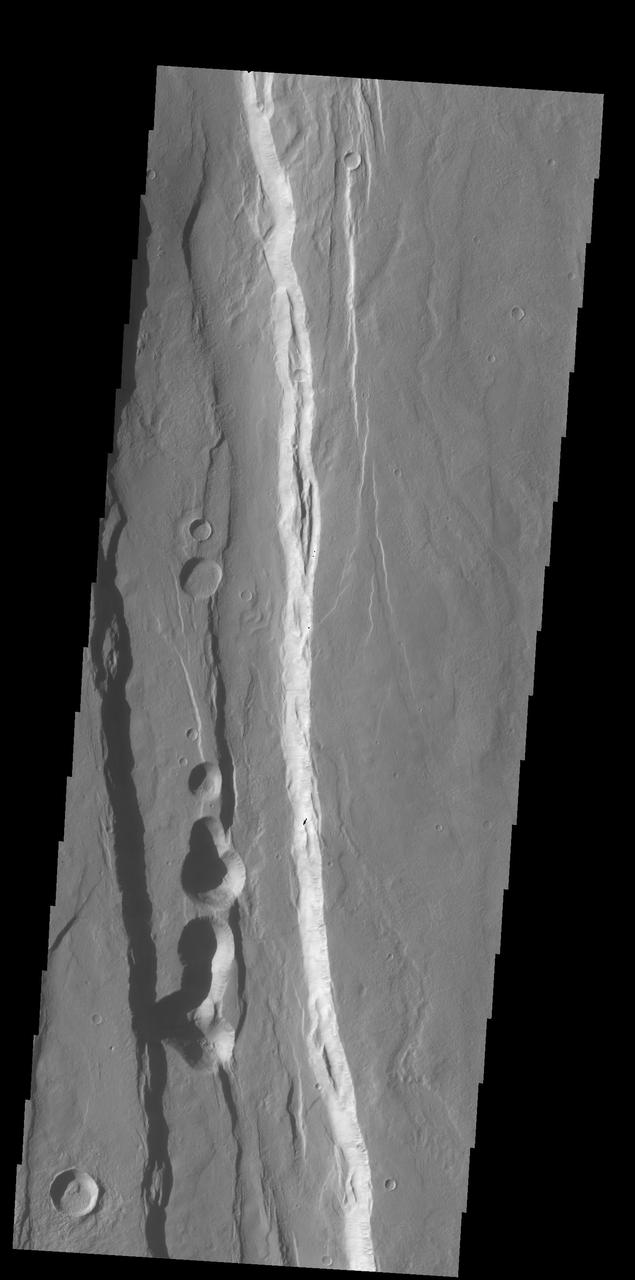 The large graben in this image from NASA 2001 Mars Odyssey spacecraft is part of a series of graben located on the southern flank of Alba Mons. This collection of graben is called Ceraunius Fossae. The term fossae means long, linear depressions.