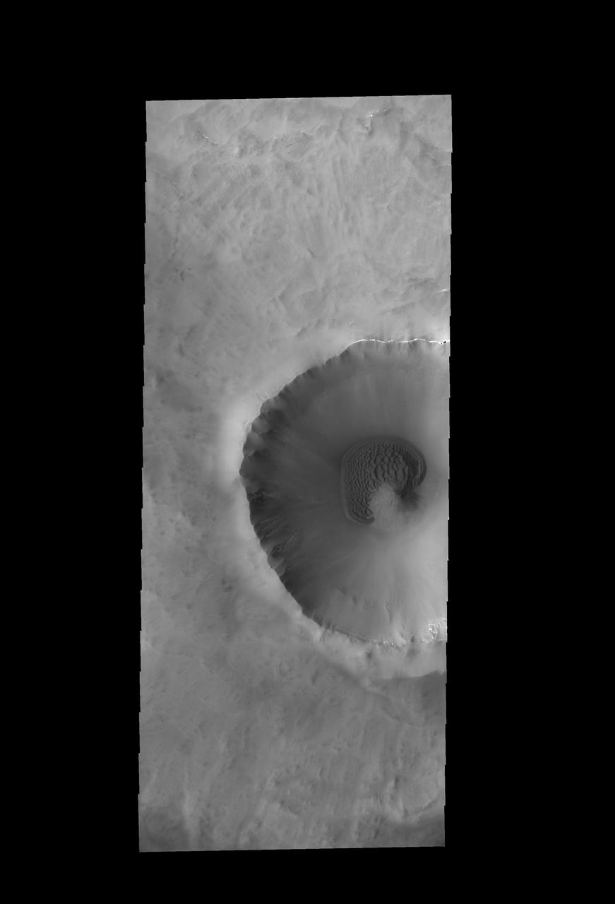 This image captured by NASA 2001 Mars Odyssey spacecraft shows a sand sheet with a surface dune form, which partly surrounds the central peak of this unnamed crater near the north pole.