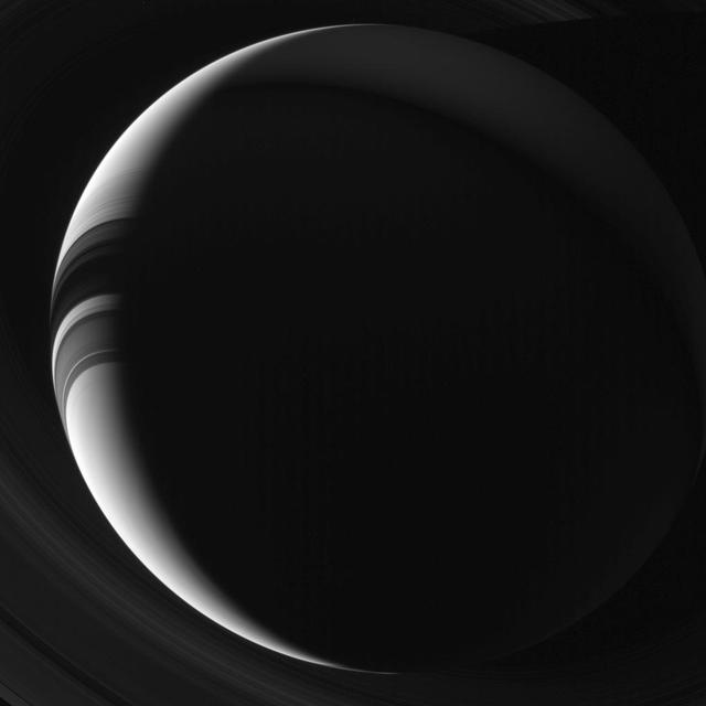 Saturn appears to NASA Cassini cameras as a thin, sunlit crescent in this unearthly view. Citizens of Earth, being so much closer to the Sun than Saturn, never get to enjoy a view of Saturn like this without the aid of our robot envoys. Parts of the night side of Saturn show faint illumination due to light reflected off the rings back onto the planet, an effect dubbed "ringshine." This view looks toward the unilluminated side of the rings from about 43 degrees below the ringplane. The image was taken in green light with the Cassini spacecraft wide-angle camera on Aug. 4, 2013. The view was obtained at a distance of approximately 1.2 million miles (2 million kilometers) from Saturn. Image scale is 75 miles (120 kilometers) per pixel. http://photojournal.jpl.nasa.gov/catalog/PIA18276