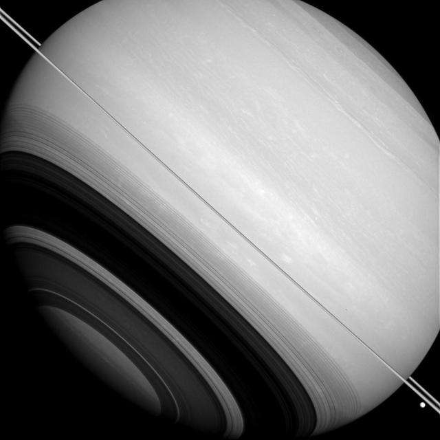 Saturn is circled by its rings (seen nearly edge-on in this image), as well as by the moons Tethys (the large bright body near the lower right hand corner of this image) and Mimas (seen as a slight crescent against Saturn's disk above the rings, at about 4 o'clock). The shadows of the rings, each ringlet delicately recorded across Saturn's face, also circle around Saturn's south pole. Although the rings and larger moons of Saturn mostly orbit very near the planet's equatorial plane, this image shows that they do not all lie precisely in the orbital plane. Part of the reason that Mimas (246 miles, or 396 kilometers across) and Tethys (660 miles, or 1062 kilometers across) appear above and below the ring plane because their orbits are slightly inclined (about 1 to 1.5 degrees) relative to the rings. This view looks toward the sunlit side of the rings from slightly above the ringplane. The image was taken in visible light with the Cassini spacecraft wide-angle camera on Aug. 14, 2014. The view was obtained at a distance of approximately 1.1 million miles (1.7 million kilometers) from Saturn and at a Sun-Saturn-spacecraft, or phase, angle of 23 degrees. Image scale is 63 miles (102 kilometers) per pixel. http://photojournal.jpl.nasa.gov/catalog/PIA18288