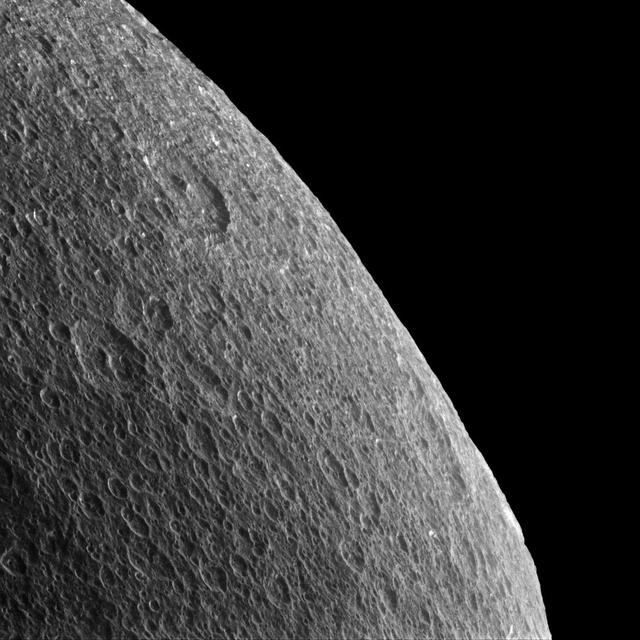 Gazing off toward the horizon is thought-provoking no matter what body's horizon it is. Rhea's horizon is slightly irregular and battered by craters, so thoughts inevitably turn towards the forces that shape these icy worlds. The surface of Rhea (949 miles or 1527 kilometers across) has been sculpted largely by impact cratering, each crater a reminder of a collision sometime in the moon's history. On more geologically active worlds like Earth, the craters would be erased by erosion, volcanoes or tectonics. But on quieter worlds like Rhea, the craters remain until they are disrupted or covered up by the ejecta of a subsequent impact. Lit terrain seen here is on the trailing hemisphere of Rhea. North on Rhea is up and rotated 12 degrees to the right. In this view, Cassini was at a subspacecraft latitude of 9 degrees North. The image was taken in visible light with the Cassini spacecraft narrow-angle camera on Feb. 10, 2015. The view was obtained at a distance of approximately 35,000 miles (56,000 kilometers) from Rhea and at a Sun-Rhea-spacecraft, or phase, angle of 76 degrees. Image scale is 1,100 feet (330 meters) per pixel. .http://photojournal.jpl.nasa.gov/catalog/pia18316