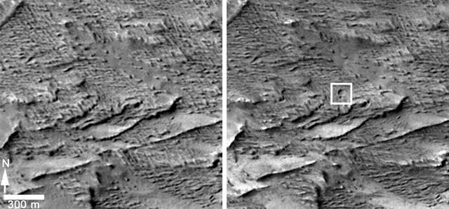 These images from the Context Camera on NASA Mars Reconnaissance Orbiter were taken before and after an apparent impact scar appeared in the area in March 2012. Comparing the images confirms that fresh craters appeared during the interval.