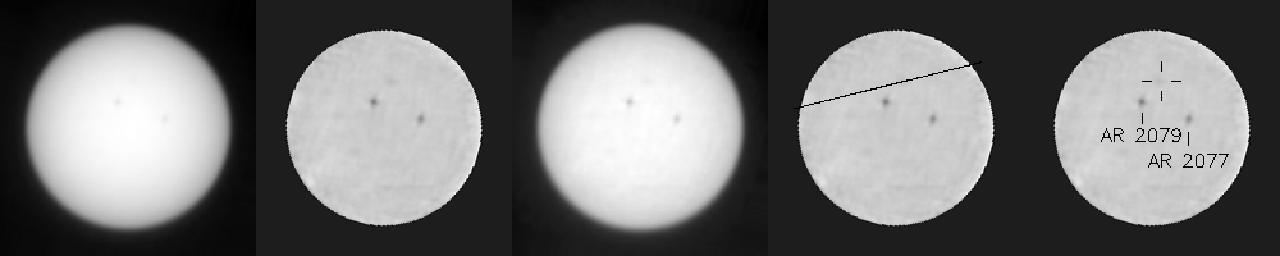 This frame from an animation shows five versions of observations that NASA Curiosity made about one hour apart while Mercury was passing in front of the sun on June 3, 2014. Two sunspots, each about the diameter of Earth, also appear.