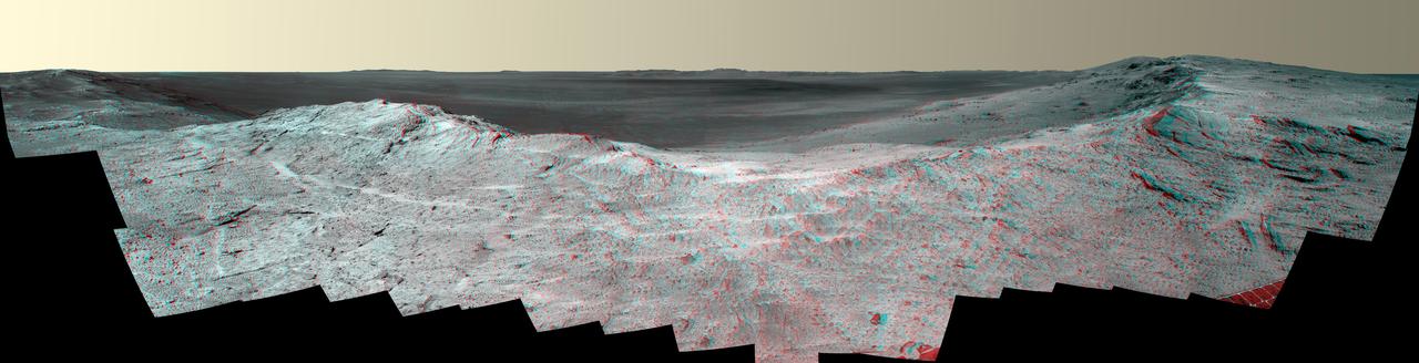 This stereo vista from the panoramic camera Pancam of NASA Mars Exploration Rover Opportunity catches Pillinger Point, on the western rim of Endeavour Crater, in the foreground. You need 3-D glasses to view this image.