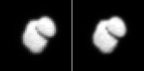 This observation from ESA Rosetta spacecraft shows that comet 67P/Churyumov-Gerasimenko has a two-part shape. The image on the left is from OSIRIS; the image on the right is enhanced with interpolated data.