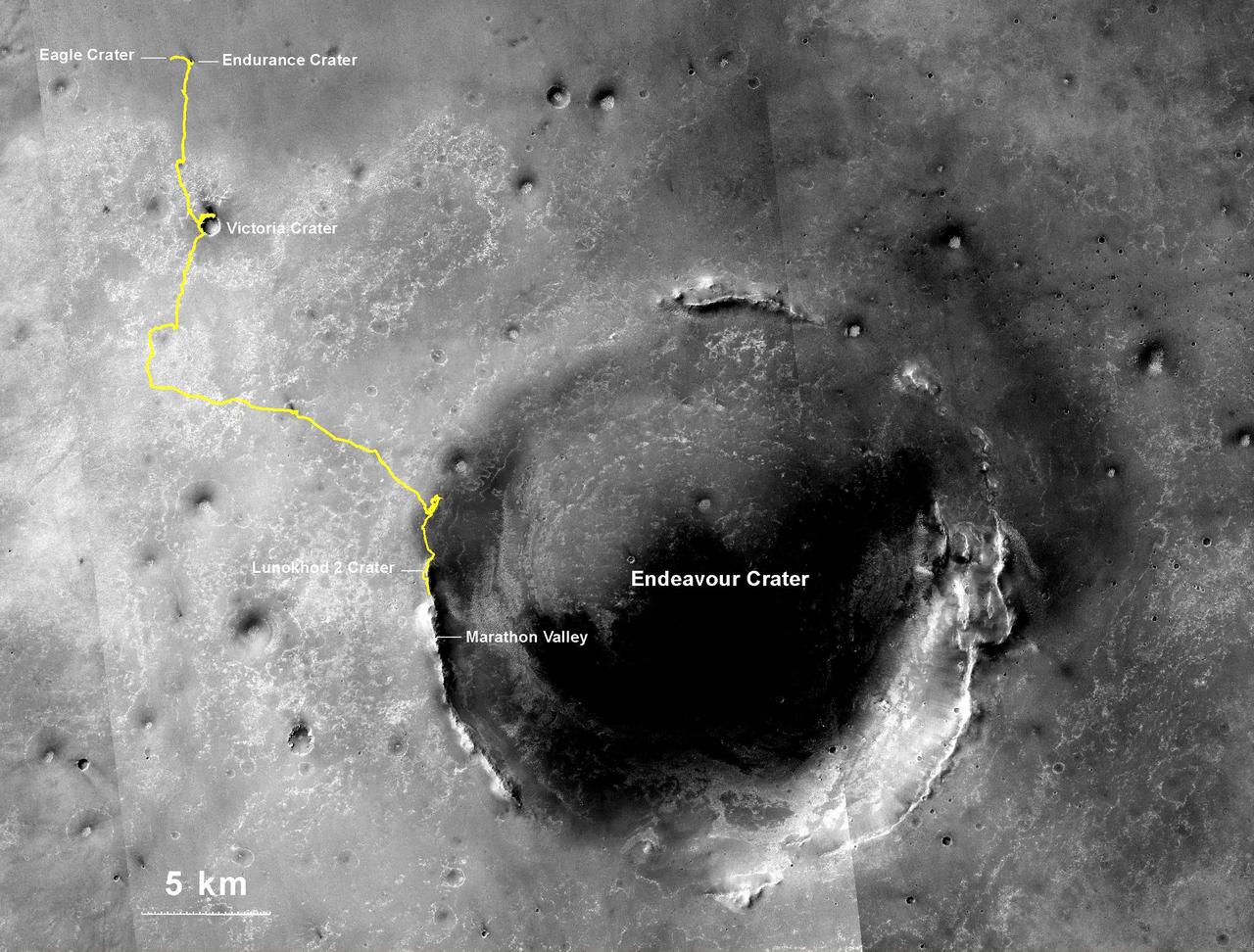 NASA Opportunity rover, working on Mars since January 2004, passed 25 miles of total driving on the July 27, 2014. The gold line on this map shows Opportunity route from the landing site inside Eagle Crater, in upper left.