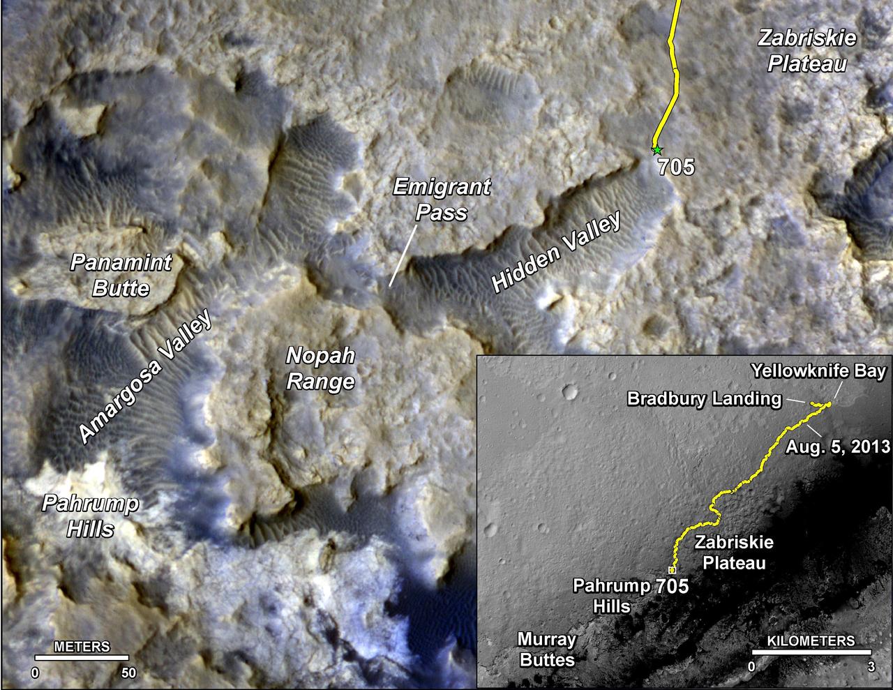 The main map shows landforms near NASA Curiosity Mars rover as the rover second anniversary of landing on Mars nears. The gold traverse line ends at Curiosity position as of July 31, 2014 Sol 705.