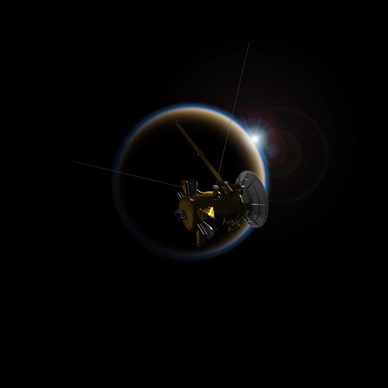 Artist rendering of NASA Cassini spacecraft observing a sunset through Titan hazy atmosphere.
