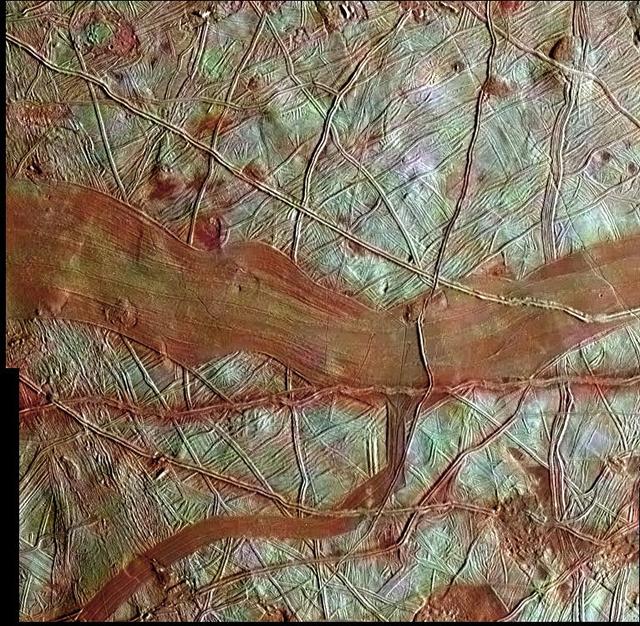 This colorized image of Europa is a product of clear-filter grayscale data from one orbit of NASA Galileo spacecraft, combined with lower-resolution color data taken on a different orbit.