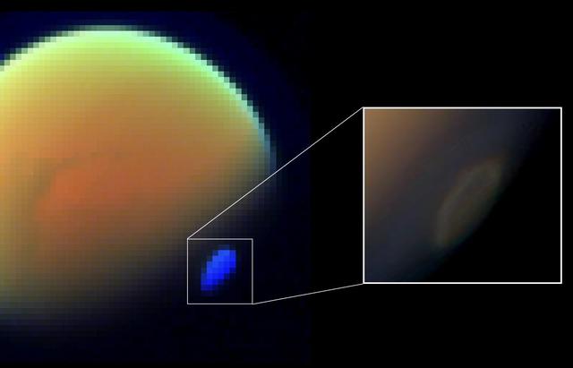These two views of Saturn moon Titan show the southern polar vortex, a huge, swirling cloud that was first observed by NASA Cassini spacecraft in 2012.