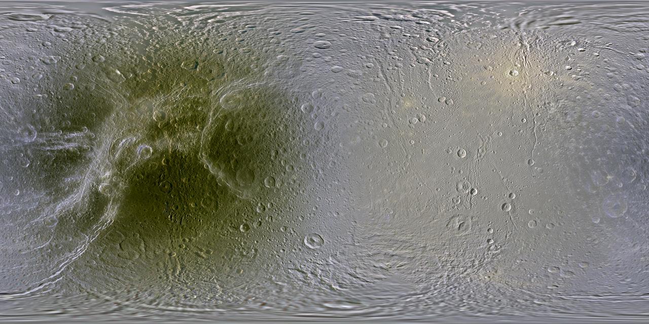 This set of global, color mosaics of Saturn moon Dione taken by NASA Cassini spacecraft during its first ten years exploring the Saturn system; obvious feature on the maps is the difference in color and brightness between the two hemispheres.