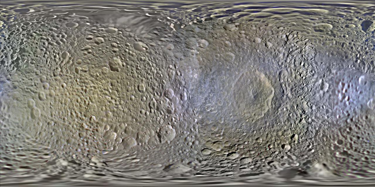 This set of global, color mosaics of Saturn moon Mimas was produced from images taken by NASA Cassini spacecraft during its first ten years exploring the Saturn system.