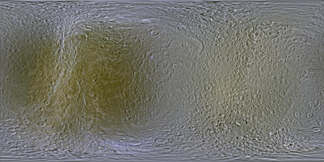 This set of global, color mosaics of Saturn moon Rhea was produced from images taken by NASA Cassini spacecraft during its first ten years exploring the Saturn system.