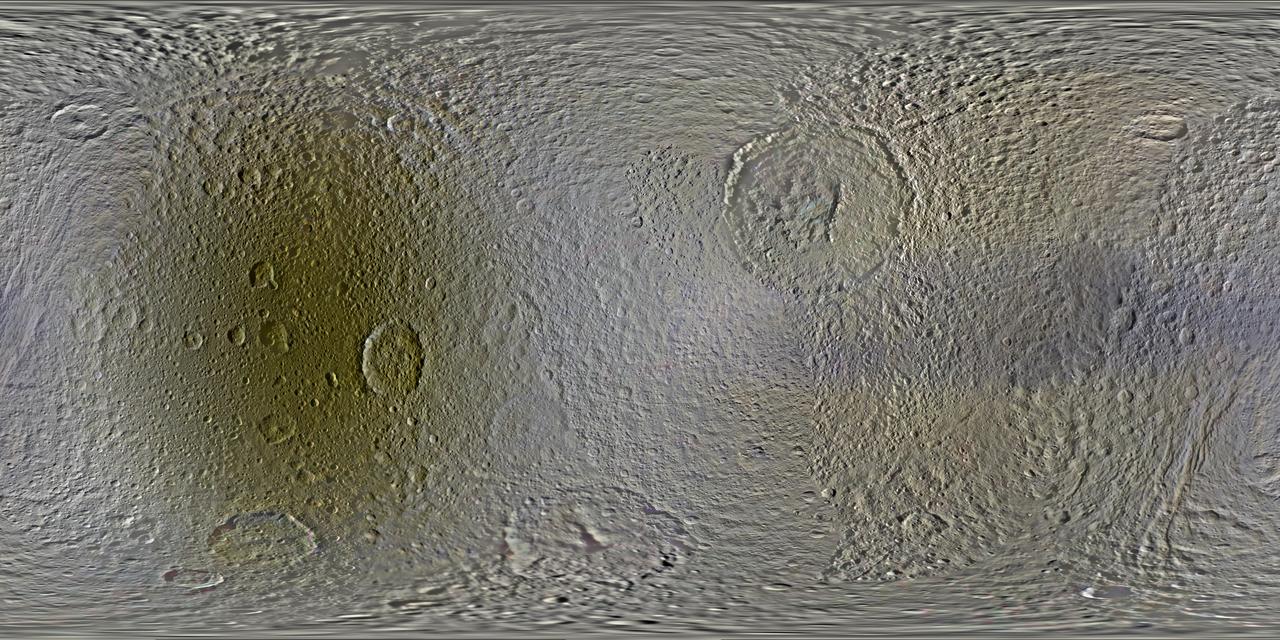 This set of global, color mosaics of Saturn moon Tethys was produced from images taken by NASA Cassini spacecraft during its first ten years exploring the Saturn system.