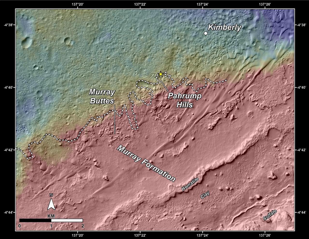 This topography map shows a portion of the Gale Crater region on Mars, where NASA Mars Curiosity rover landed on August 6, 2014. The rover marked with a star is currently headed toward Pahrump Hills.