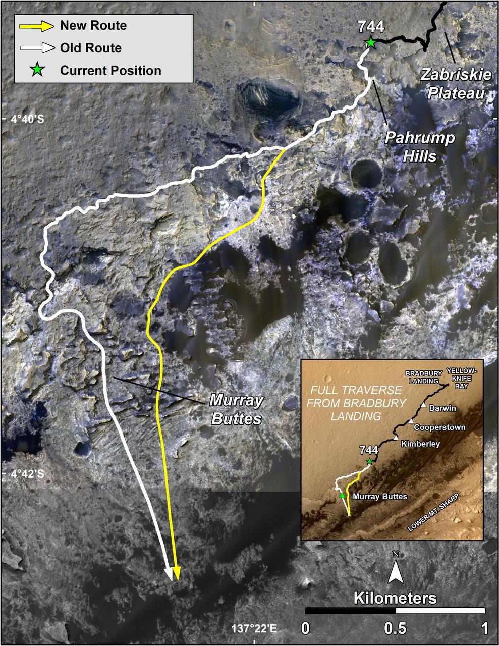 The route of NASA Mars Curiosity rover up the slopes of Mount Sharp on Mars is indicated in yellow in this image. The rover current position is marked with a star. This new route provides excellent access to many features in the Murray Formation.