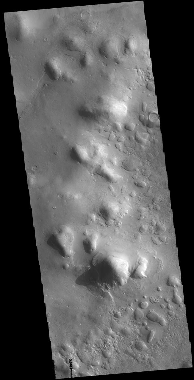 The hills in this image captured by NASA 2001 Mars Odyssey spacecraft are part of Protonilus Mensae, located on the northern margin of Terra Sabaea.