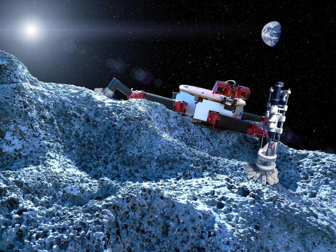 This artist concept shows a robot with legs that have microspine grippers, which could potentially explore a rocky surface, such as an asteroid, in microgravity.