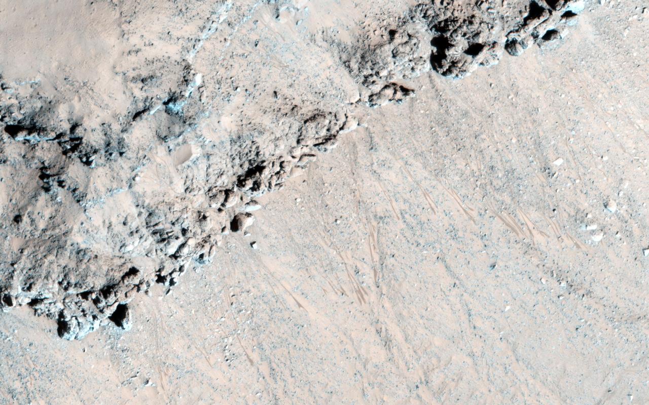 Seasonal flows called recurring slope lineae RSL grow down warm slopes in the summer, fade when they become inactive, then re-form the following year when the slopes warm up again from the Sun. This observation is from NASA Mars Reconnaissance Orbiter
