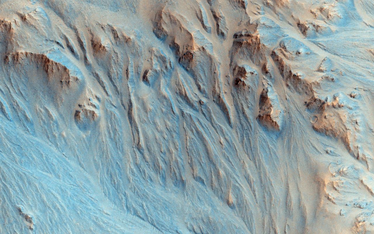 This image from NASA Mars Reconnaissance Orbiter shows a landscape that is pervasively eroded, right up to the tops of the ridges, with channels extending down into depositional fans much like alluvial fans in the Mojave Desert.