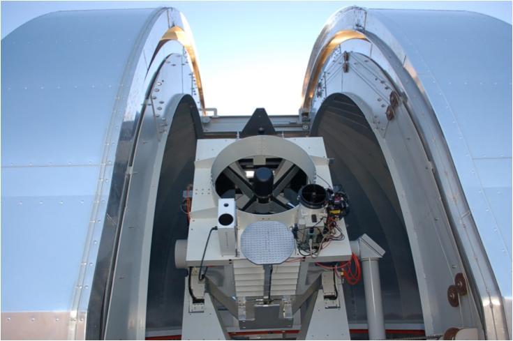 This is a 3-foot 1-meter aperture main telescope located at the NASA Jet Propulsion Laboratory Optical Communications Telescope Laboratory ground station.