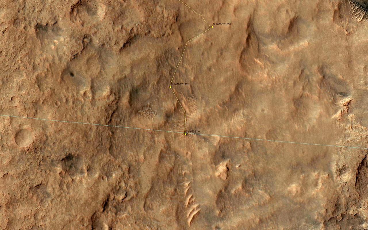 NASA Mars Reconnaissance Orbiter captured this image on 27 June 2014, when Curiosity had just crossed the edge of the 3-sigma landing.