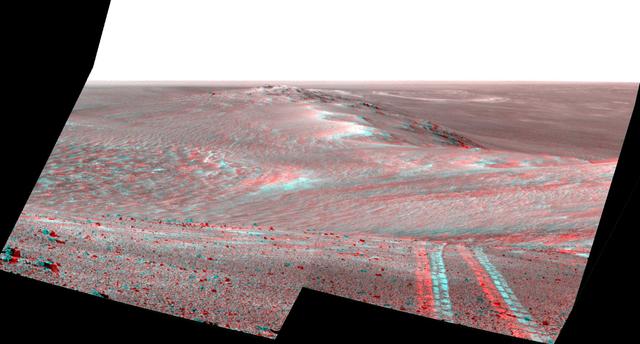 NASA image: Rover Tracks in Stereo View Along Rim of Endeavour Crater