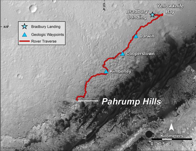 NASA image: Curiosity Mars Rover Route from Landing to Pahrump Hills