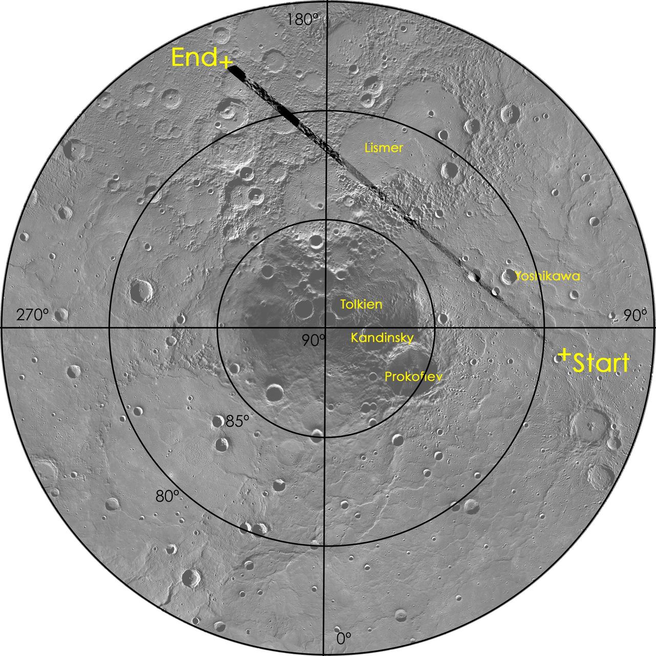 A View of MESSENGER Flight Path. This figure highlights the flight path of NASA MESSENGER during its acquisition of images used in its flyover movie.