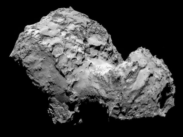 Comet 67P/Churyumov-Gerasimenko by ESA Rosetta OSIRIS narrow-angle camera on August 3, 2014, from a distance of 177 miles 285 kilometers. The image resolution is 17 feet 5.3 meters per pixel.
