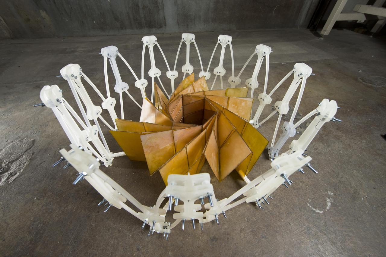 Researchers at NASA Jet Propulsion Laboratory, Pasadena, California, and Brigham Young University, Provo, Utah, collaborated to construct a prototype of a solar panel array that folds up in the style of origami, to make for easier deployment.