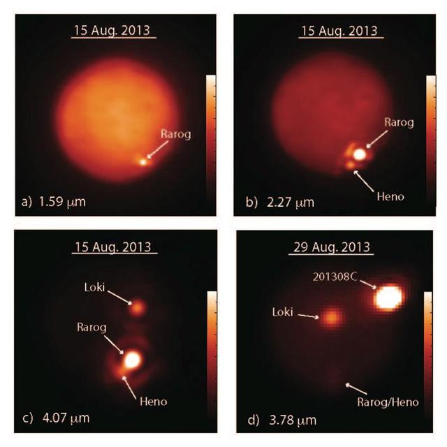 These images show Jupiter moon Io obtained at different infrared wavelengths with the W. M. Keck Observatory 10-meter Keck II telescope on Aug. 15, 2013 a-c, and the Gemini North telescope on Aug. 29, 2013 d.