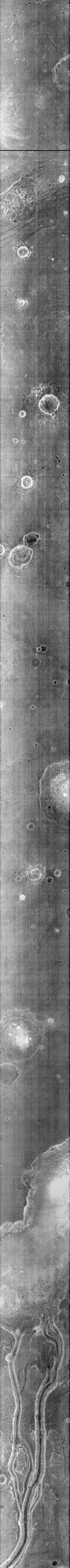 Near the bottom of this nighttime image captured by NASA 2001 Mars Odyssey spacecraft are several channels. The dusty channel floors are darker colder than the rocky walls.