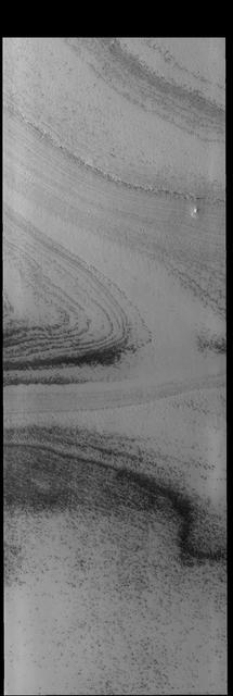 Spring has arrived at the south pole of Mars. The multitude of layers that make up the cap are readily visible in this image from NASA 2001 Mars Odyssey spacecraft.