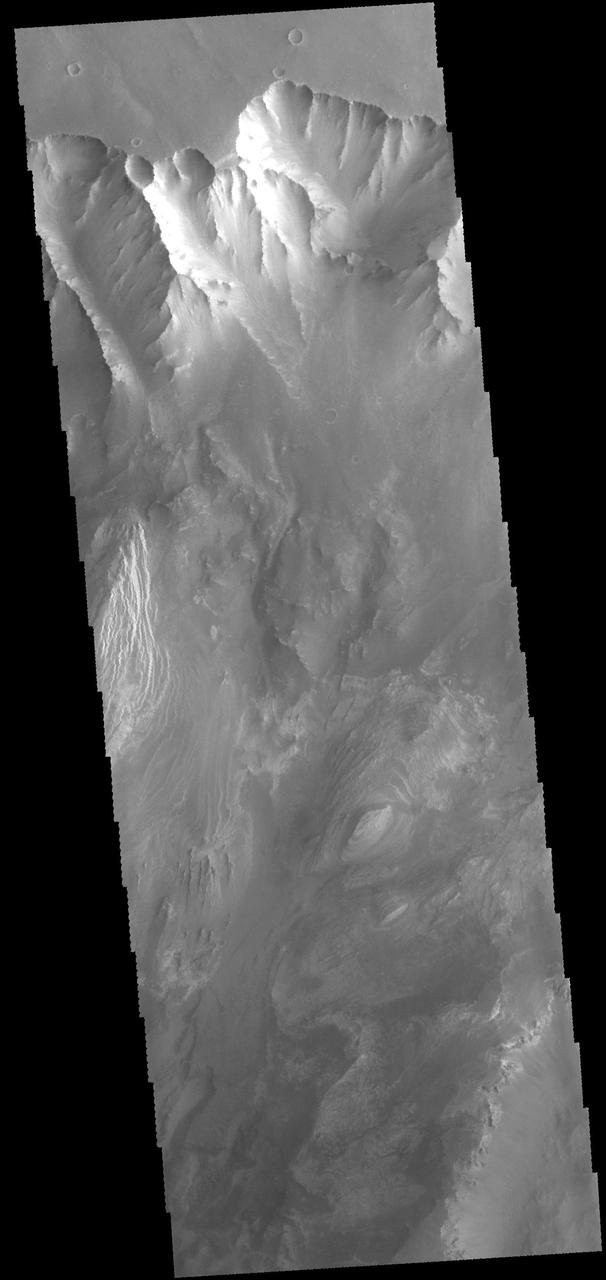 This image captured by NASA 2001 Mars Odyssey spacecraft shows part of the north wall of Valles Marineris near Melas Chasma.